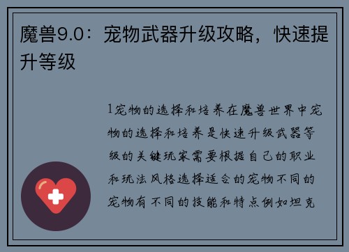 魔兽9.0：宠物武器升级攻略，快速提升等级